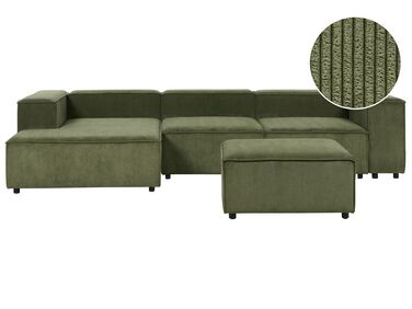 Right Hand 3 Seater Modular Jumbo Cord Corner Sofa with Ottoman Green APRICA