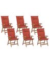 Set of 6 Acacia Wood Garden Folding Chairs with Red Cushions JAVA_786193