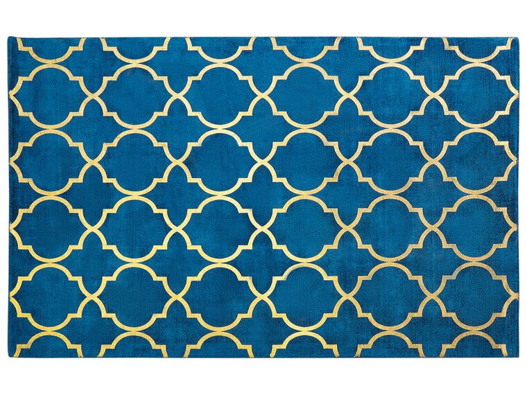 Tapis en viscose et coton doré et bleu marine au motif marocain avec craquelures 140 x 200 cm YELKI _762520