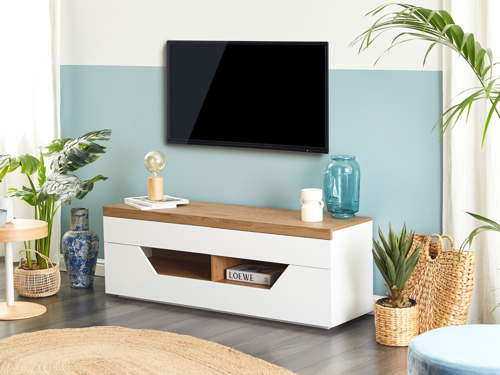Mueble TV moderno blanco y madera 140x40x56cm Muebles Chaflan