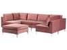 6 personers u-sofa med fodskammel lyserød velour EVJA_858764