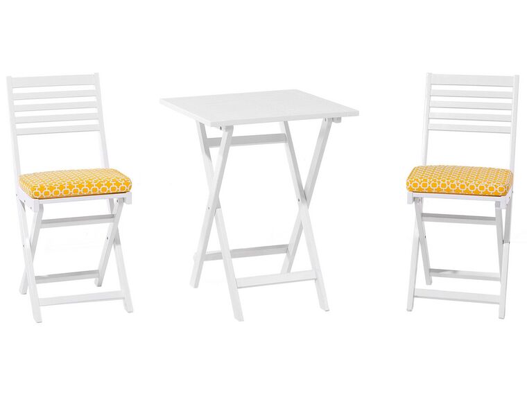Table et 2 chaises de jardin blanches en bois avec coussins jaunes FIJI_681782