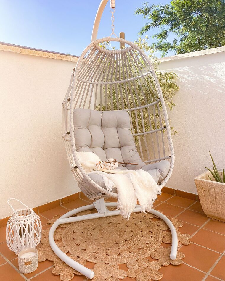 PE Rattan Hanging Chair with Stand Light Grey SESIA Beliani.co.uk