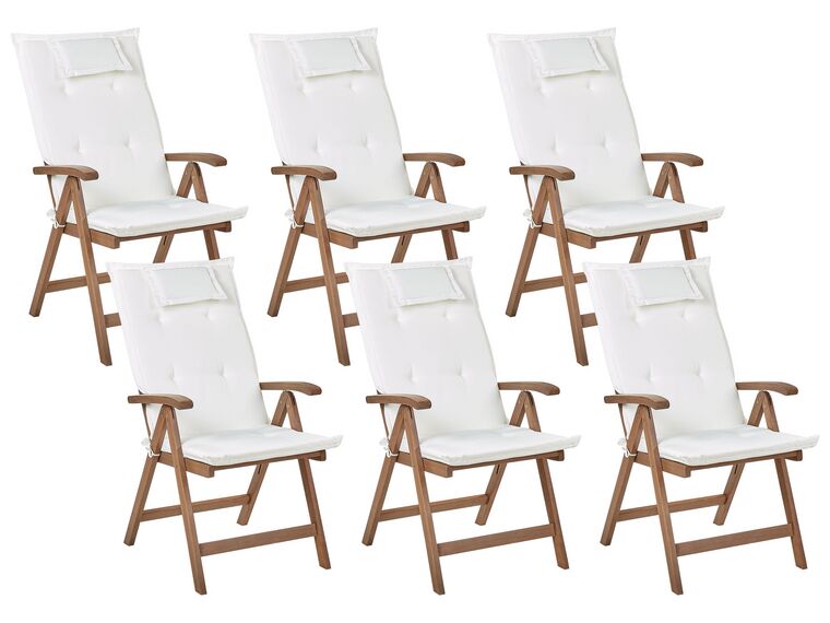 Sada 6 zahradních skládacích židlí z tmavého akáciového dřeva s krémově bílými polštáři AMANTEA_879798