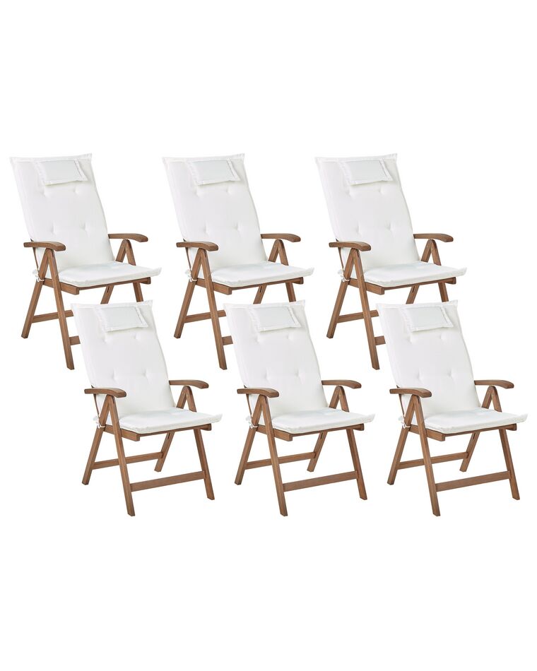 Conjunto 6 cadeiras de jardim em madeira escura de acácia e almofadas branco creme AMANTEA_879798