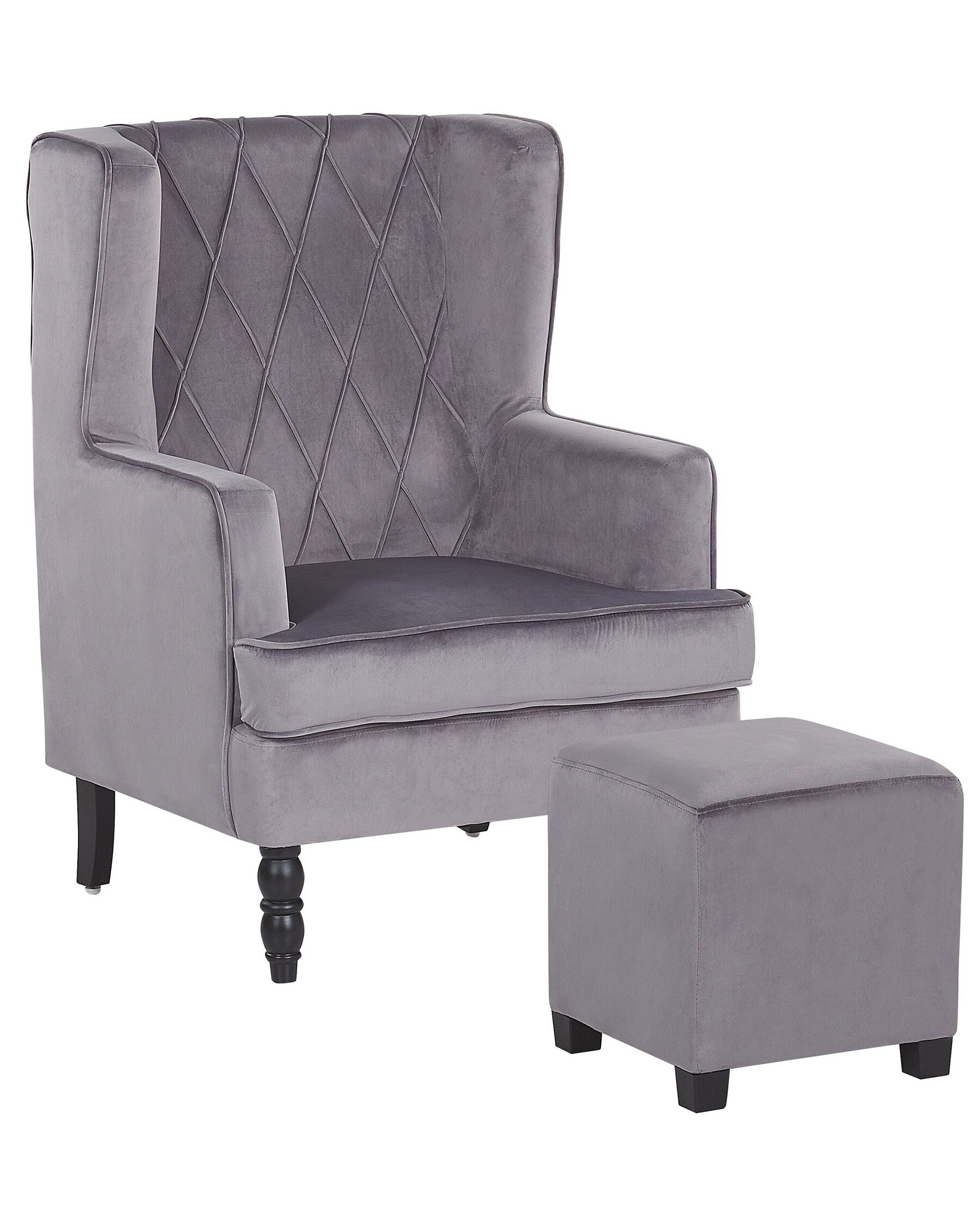 Classic Armchair with Footstool Velvet Fabric Wooden Legs Grey Sandset