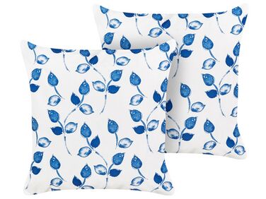 Set of 2 Outdoor Cushions Leaf Motif 45 x 45 cm White and Blue TORBORA