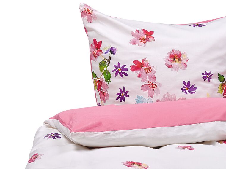Cotton Sateen Duvet Cover Set Floral Pattern 155 x 220 cm White and Pink LARYNHILL_803103