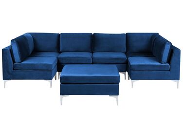 6 personers u-sofa med fodskammel blå velour EVJA