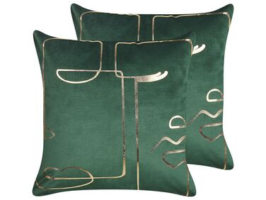 Set of 2 Velvet Cushions Face Motif 45 x 45 cm Green PHILODENDRON