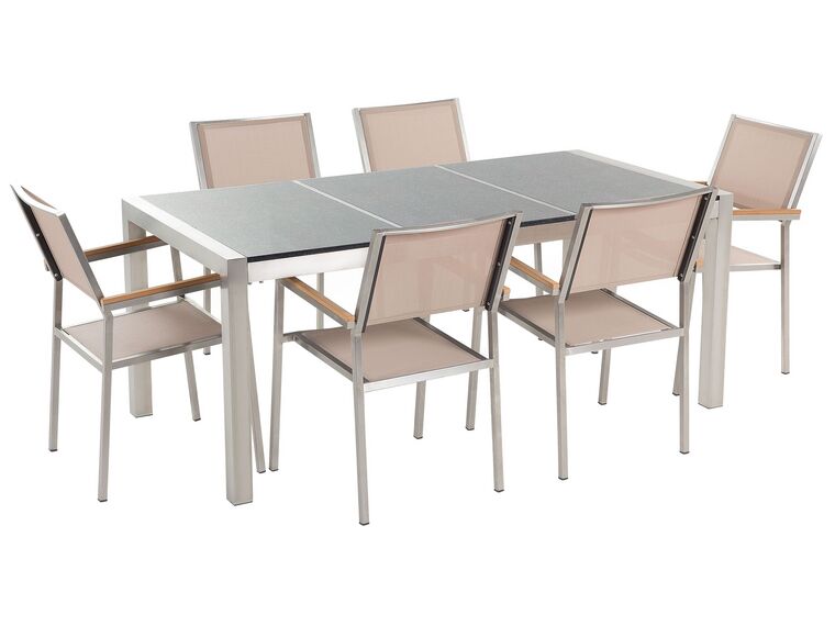 Hatszemélyes szürke gránit osztott asztallapú étkezőasztal bézs textilén székekkel GROSSETO_394318