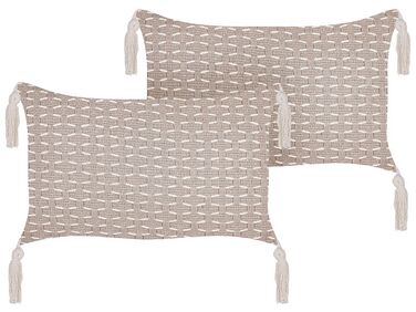 Set of 2 Cushions Geometric Pattern with Tassels 25 x 45 cm Taupe HAKONE