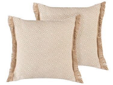 Set of 2 Fringed Cushions Geometric Pattern 45 x 45 cm Beige LONAR