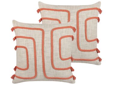 Set of 2 Cotton Cushions Abstract Pattern 45 x 45 cm Beige and Orange PLEIONE