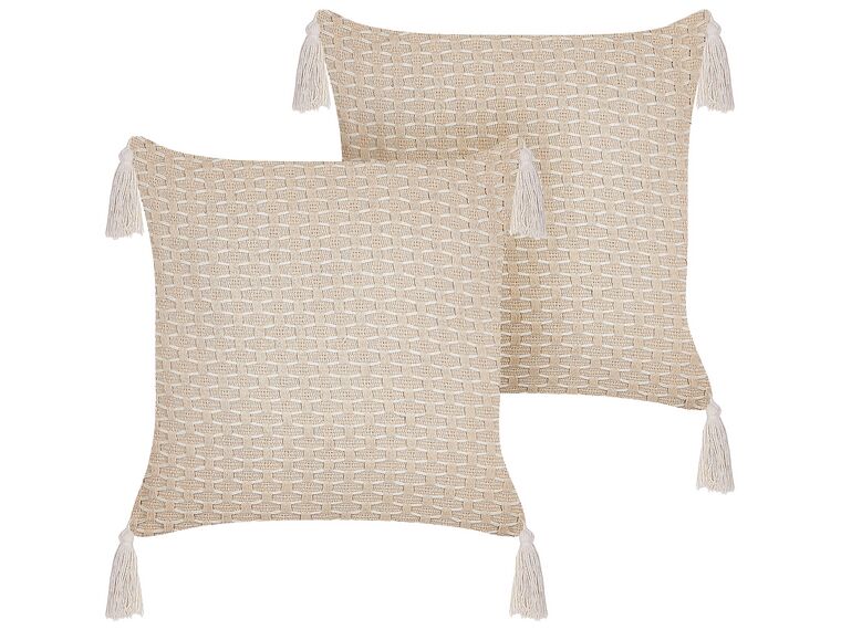 Set of 2 Cushions Geometric Pattern with Tassels 42 x 42 cm Light Beige HAKONE_856369