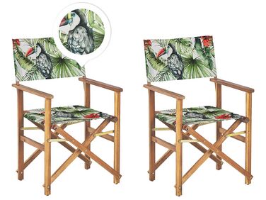 Set of 2 Acacia Folding Chairs and 2 Replacement Fabrics Light Wood with Off-White / Toucan Pattern CINE