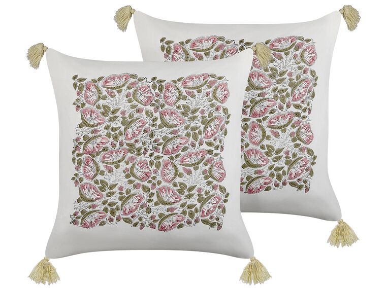 Conjunto de 2 almofadas decorativas com padrão floral com borlas em algodão multicolor 45 x 45 cm CARISSA_839386