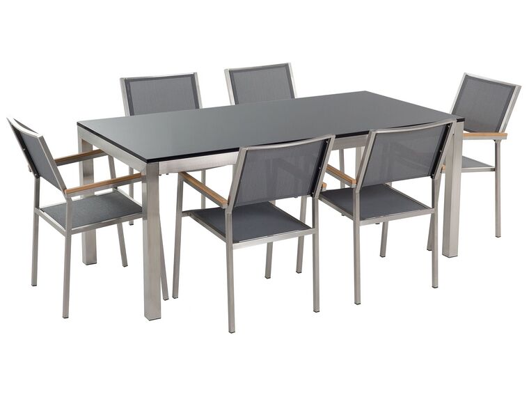 Table de jardin plateau simple granit noir poli 180 cm 6 chaises grises GROSSETO_431600
