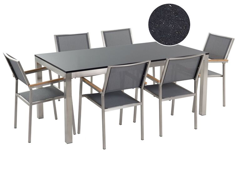 Gartenmöbel Set Naturstein schwarz poliert 180 x 90 cm 6-Sitzer Stühle Textilbespannung grau GROSSETO_431600