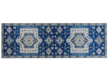 Teppich blau / beige orientalisches Muster 80 x 240 cm Kurzflor PARVAKADLI