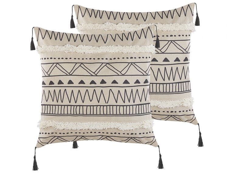 Set of 2 Cushions Geometric Pattern 45 x 45 cm Beige and Black HEUCHERA_815373