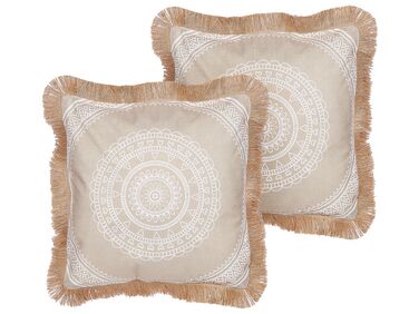 Set of 2 Cushions Boho Motif 45 x 45 cm Beige and White AGRIMONY
