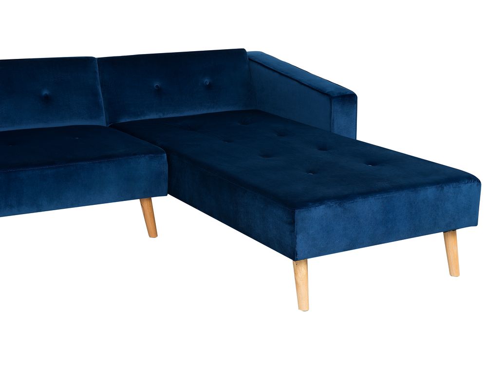 Left Hand Velvet Corner Sofa Bed Blue VADSO ex Factury at Fair Price