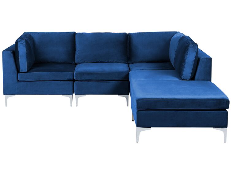 Left Hand 4 Seater Modular Velvet Corner Sofa with Ottoman Blue EVJA_859931