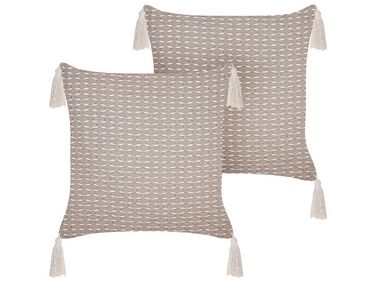 Set of 2 Cushions Geometric Pattern with Tassels 42 x 42 cm Taupe HAKONE