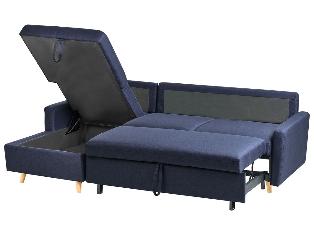Ecksofa mit Schlaffunktion Polsterbezug marineblau rechtsseitig FLAKK