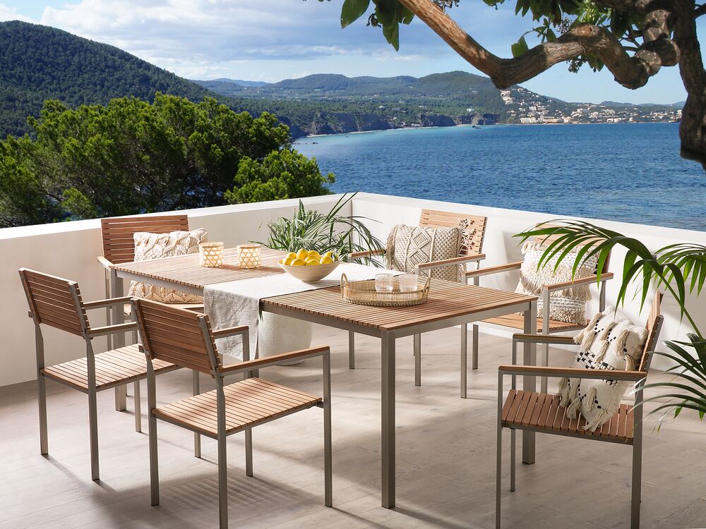 Gartenmobel Set Edelstahl Teakholz Hellbraun 6 Sitzer Viareggio Beliani De Gartenmöbel Set Teakholz