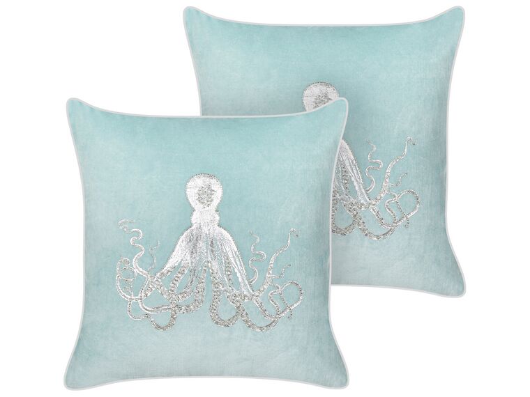 Set of 2 Velvet Cushions Octopus Motif 45 x 45 cm Blue LAMINARIA_892919