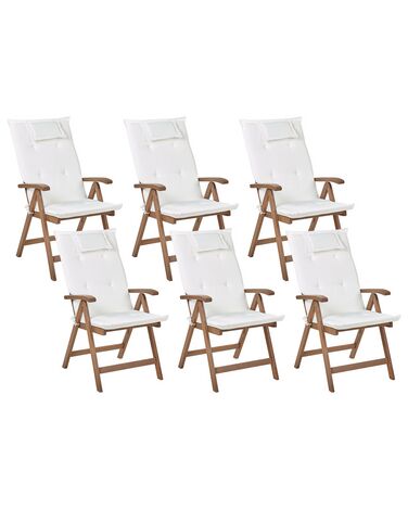 Conjunto 6 cadeiras de jardim em madeira escura de acácia e almofadas branco creme AMANTEA