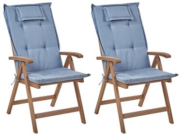 Conjunto 2 cadeiras de jardim em madeira escura de acácia com almofadas azuis AMANTEA