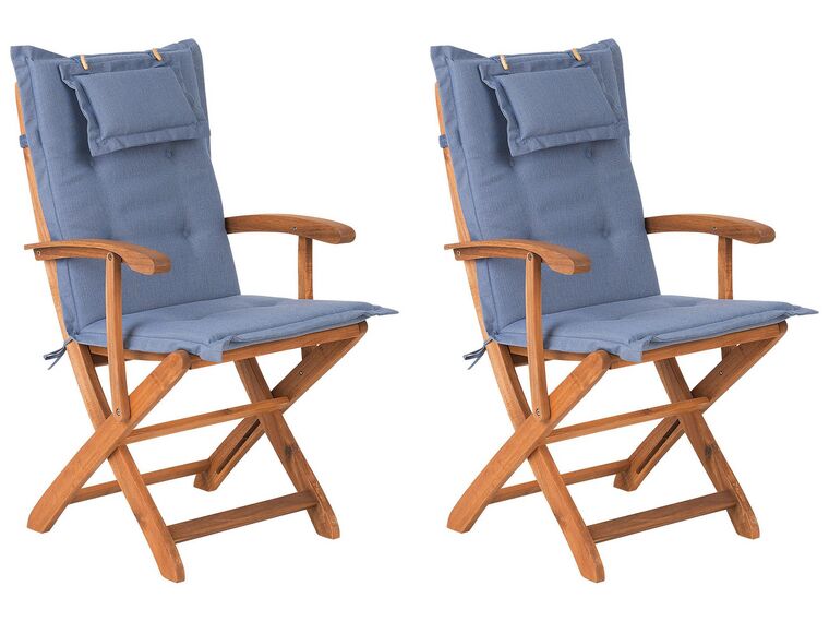 Conjunto de 2 sillas de jardín de madera con cojines azules MAUI_755756