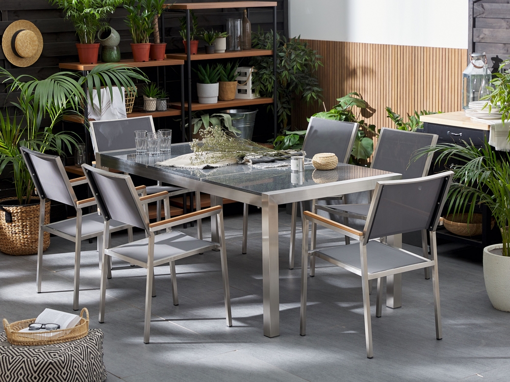 Set di tavolo e 6 sedie da giardino in acciaio granito e fibra tessile  grigia grigio lucido 180 cm GROSSETO 