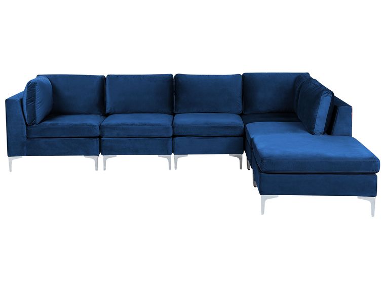 Left Hand 5 Seater Modular Velvet Corner Sofa with Ottoman Blue EVJA Beliani.co.uk
