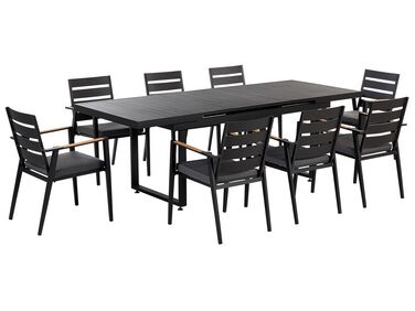 Zestaw ogrodowy stół rozkładany i 8 krzeseł czarny z poduszkami szarymi VALCANETTO/TAVIANO