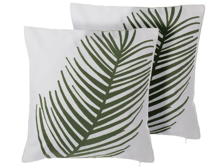 Conjunto de 2 almofadas decorativas branca com folha de palmeira verde 45 x 45 cm AZAMI_770911