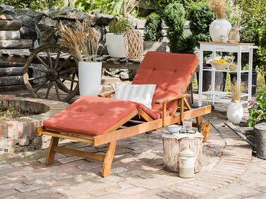 Acacia Wood Reclining Sun Lounger with Red Cushion JAVA