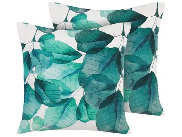 Set of 2 Outdoor Cushions Leaf Motif 45 x 45 cm Teal Blue and White TREBBO