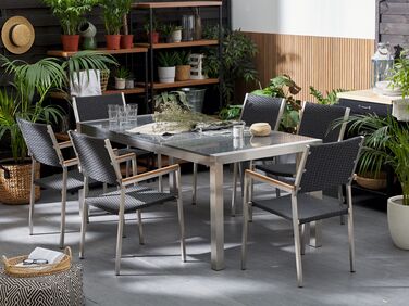 6 Seater Garden Dining Set Grey Granite Top with Black Rattan Chairs GROSSETO