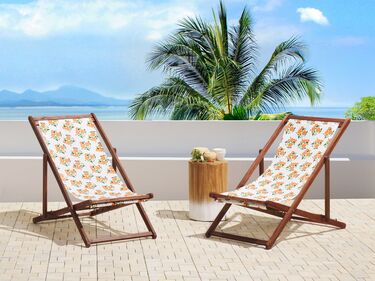 Set of 2 Acacia Folding Deck Chairs and 2 Replacement Fabrics Dark Wood with Off-White / Oranges Pattern ANZIO