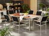 Hatszemélyes étkezőasztal eukaliptusz asztallappal és fekete textilén székekkel GROSSETO_768468