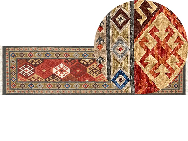 Alfombra kilim de lana rojo/naranja/blanco/beige 80 x 300 cm URTSADZOR_859131