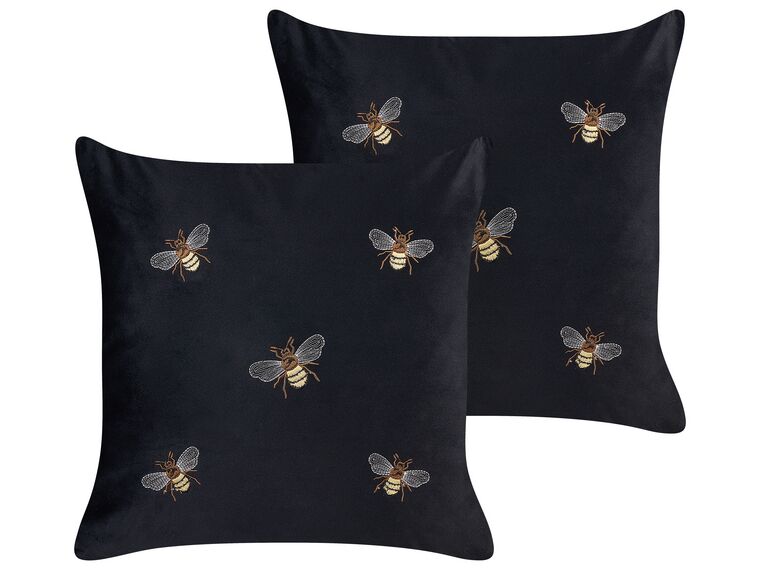 Set of 2 Embroidered Velvet Cushions Bees Motif 45 x 45 cm Black TALINUM _857888