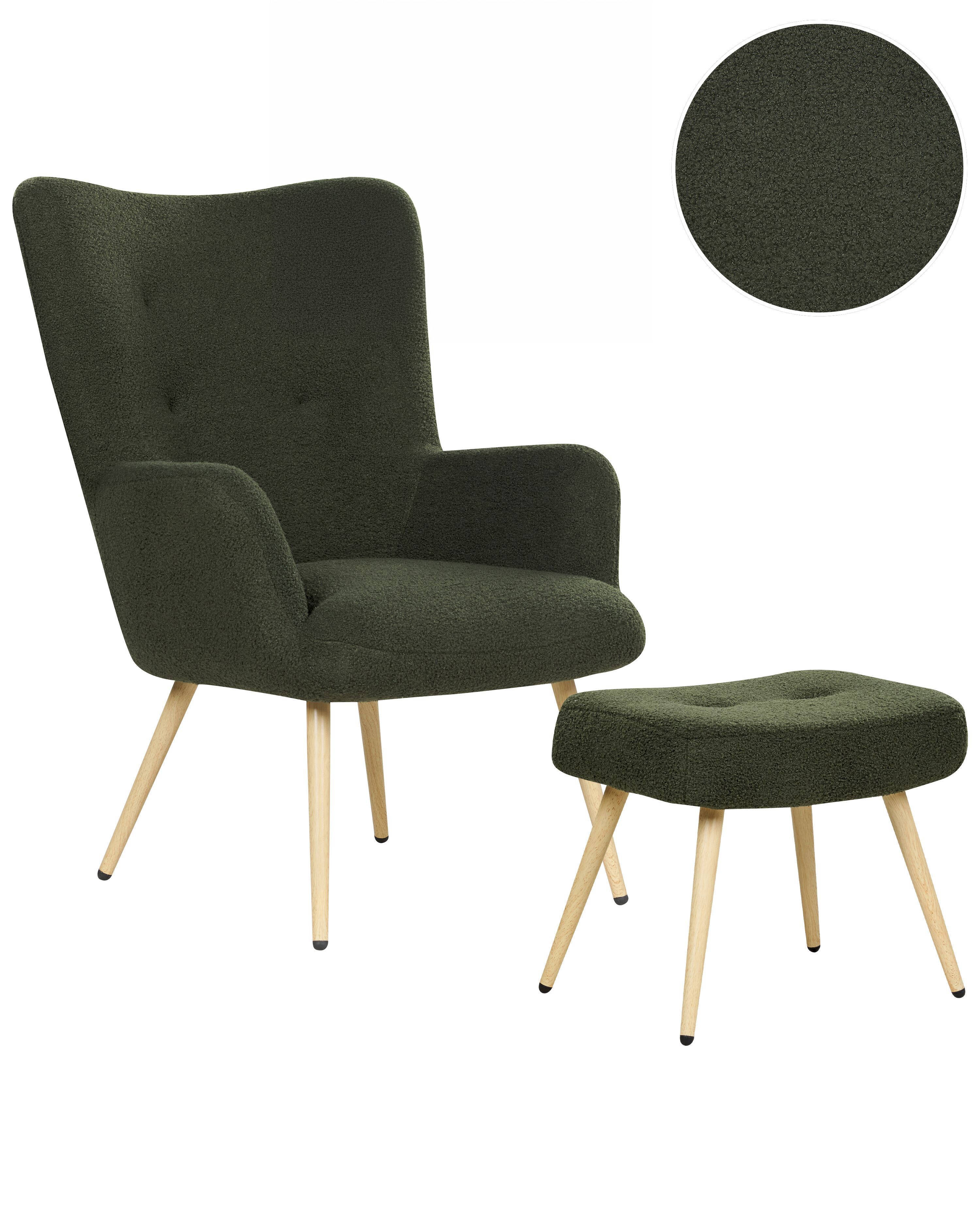 Boucle Wingback Chair with Footstool Dark Green VEJLE | Beliani.co.uk