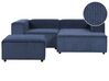 Kombinálható kétszemélyes bal oldali kék kordbársony kanapé ottománnal APRICA_909338
