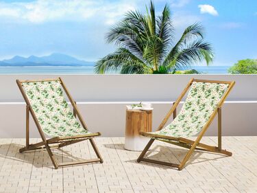 Set of 2 Acacia Folding Deck Chairs and 2 Replacement Fabrics Light Wood with Off-White / Floral Pattern ANZIO