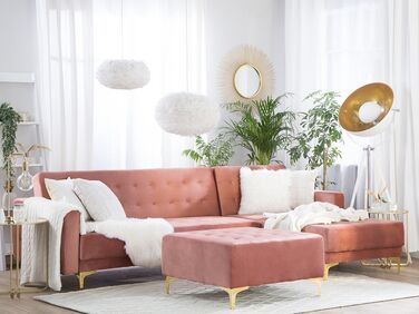 Left Hand Velvet Corner Sofa with Ottoman Pink ABERDEEN